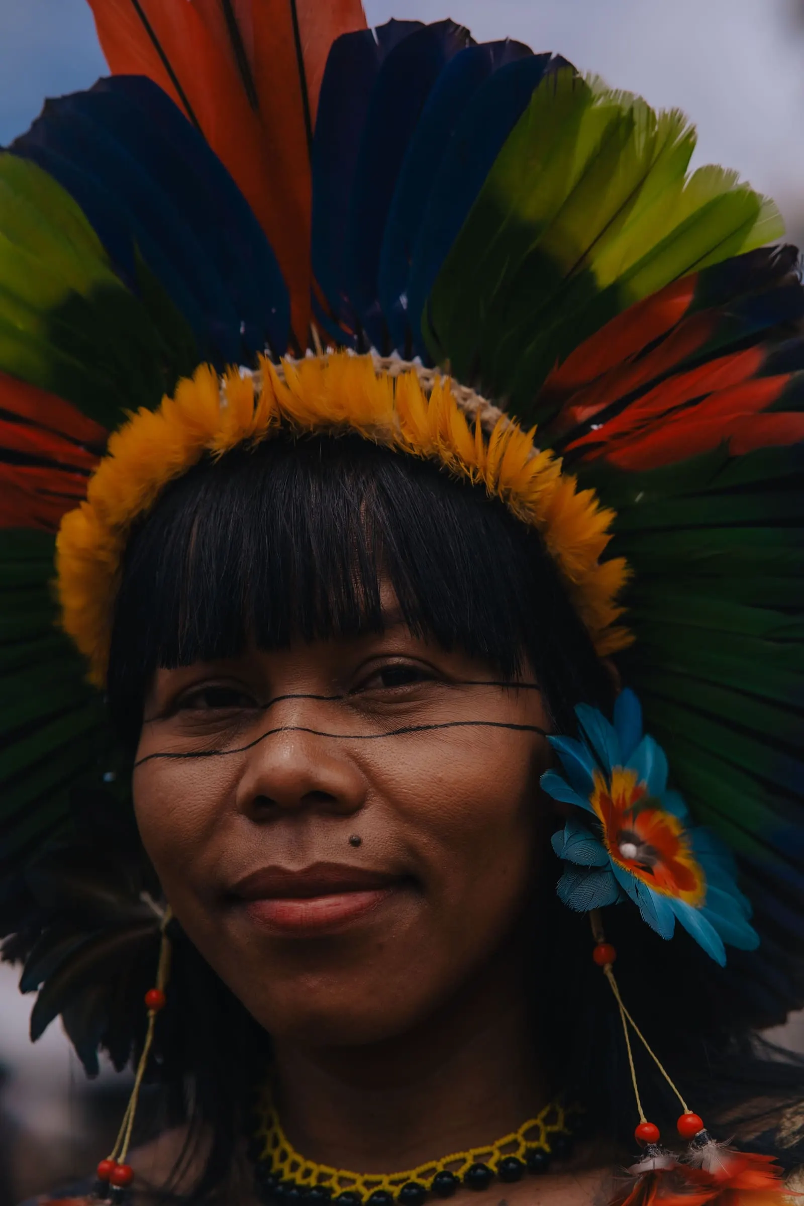 Portrait of an indigenous Brazilian woman wearing a vivid feather headdress