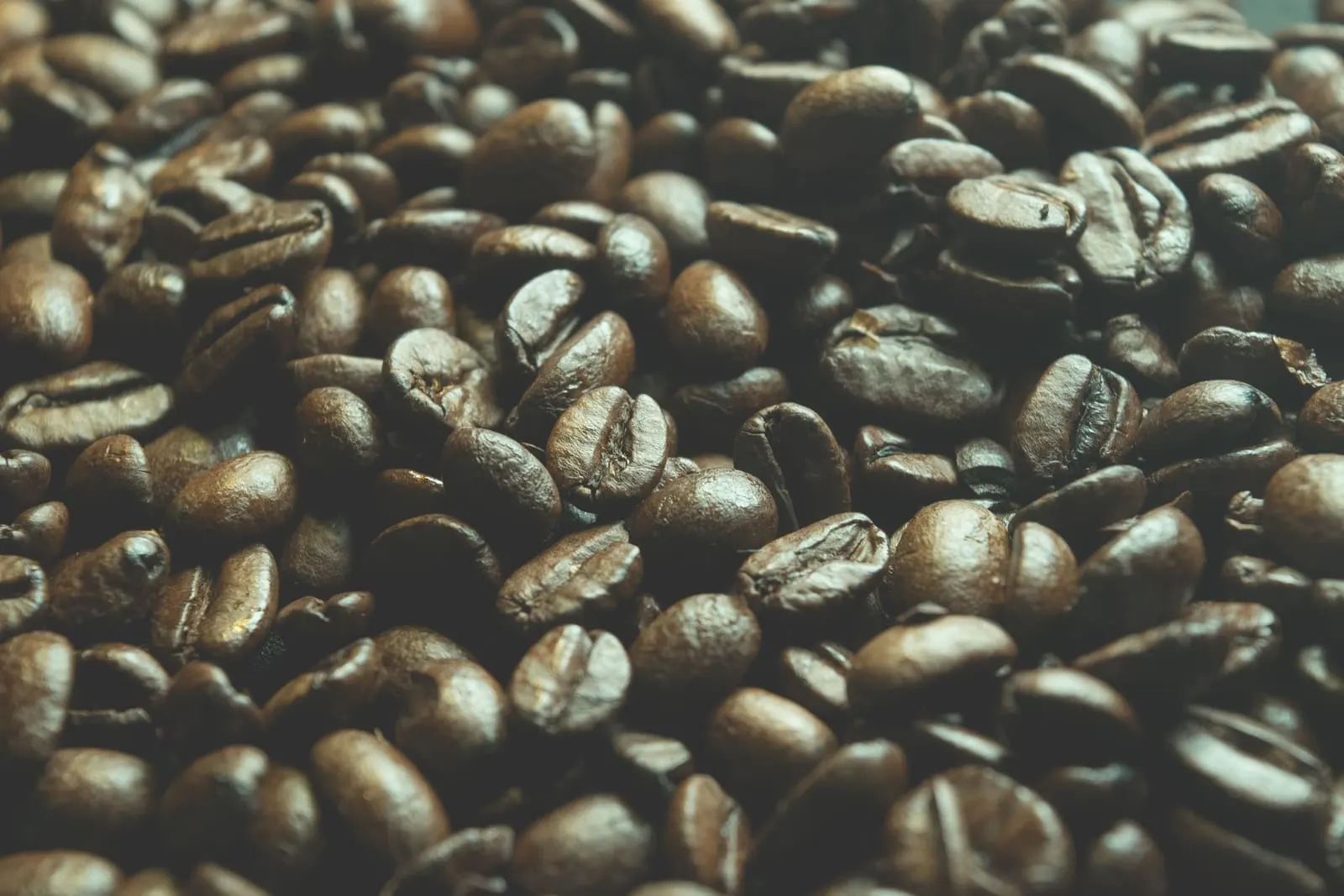 A close-up pile of freshly roasted dark coffee beans