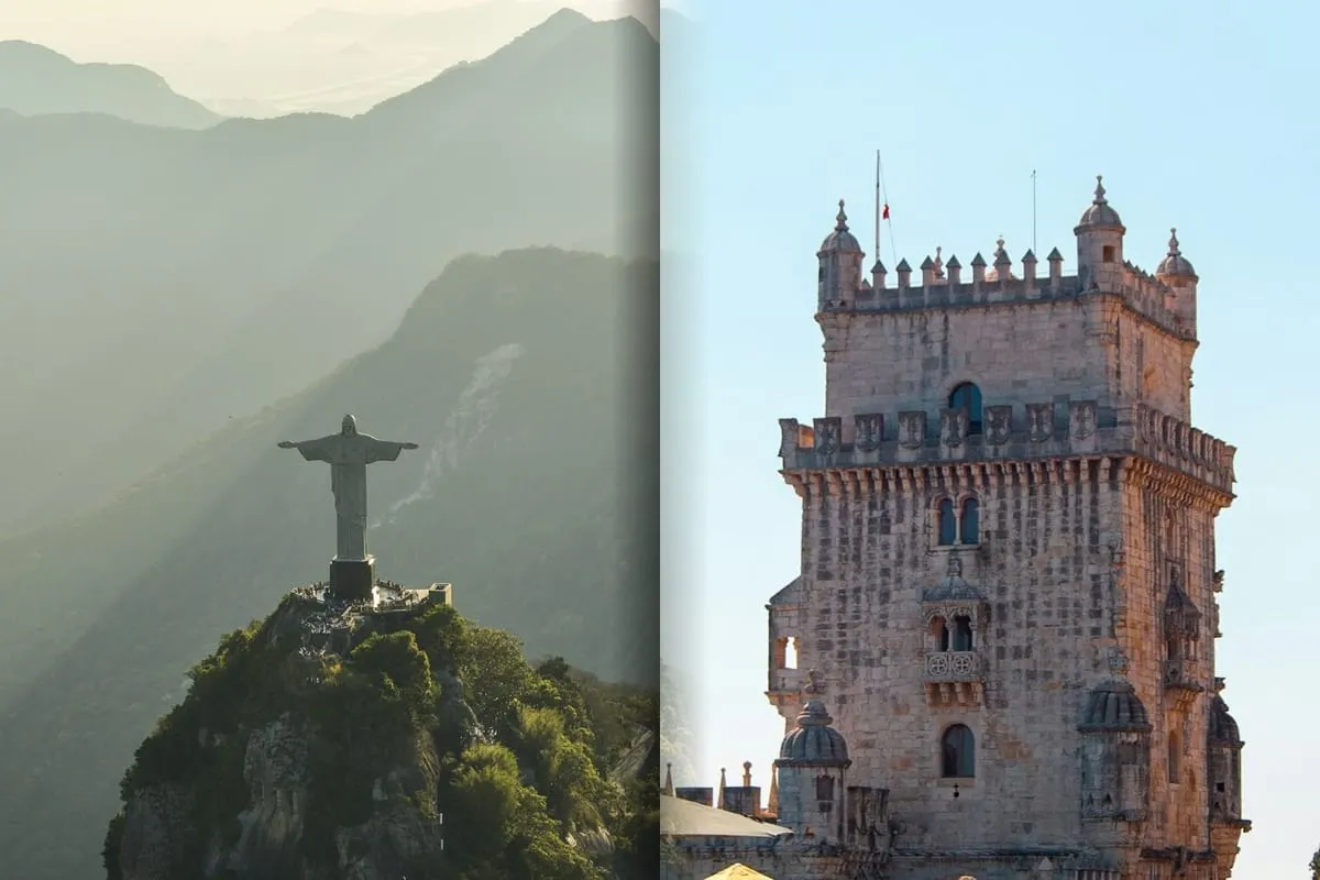 A blended image of Christ the Redeemer in Rio de Janeiro, Brazil merging into the Torre de Belém in Lisbon, Portugal